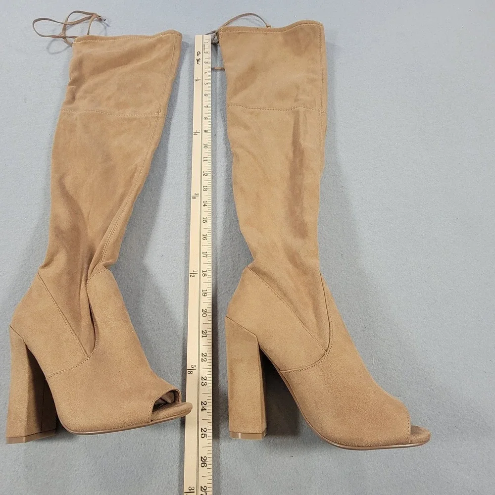 Steve Madden Elliana Thigh High Boots Tan Suede Open Toe Block Heel Women's 6.5M